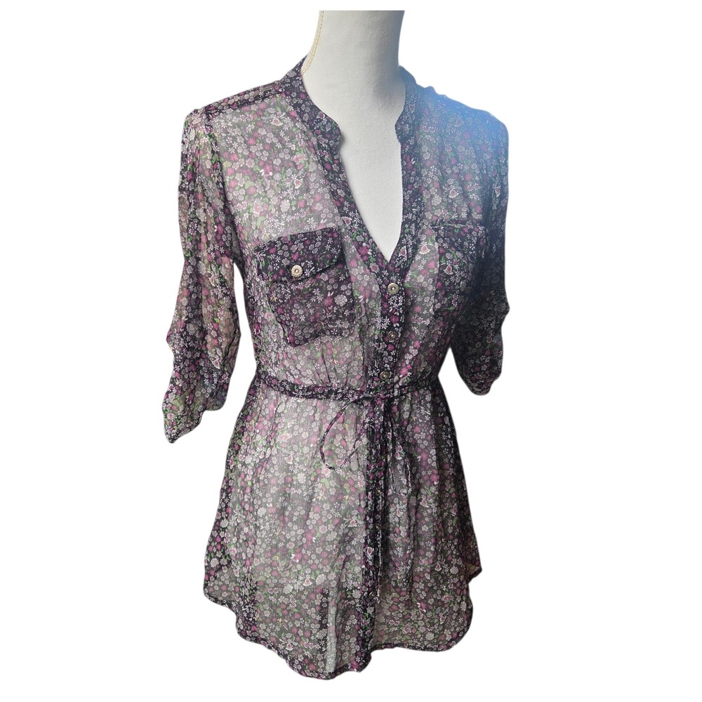 American Rag Cie Dark Floral Sheer Tunic Top Black Pink Roll Tab Sleeve XS Boho